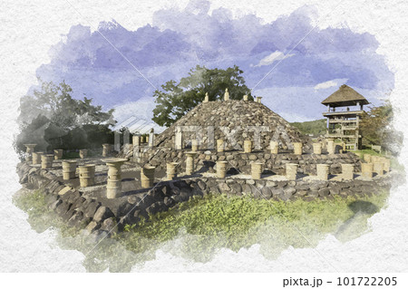 水彩画風 伯耆古代の丘公園 ほたて貝式古墳 鳥取県米子市 水彩画風 伯耆古代の丘公園 ほたて貝式古墳 鳥取県米子市 101722205