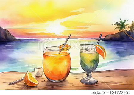 Tropical cocktails on beach with colorful sea sunset background. Watercolor pop art style illustration. Generative AI 101722259