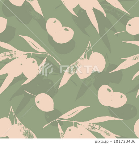 Olives seamless patten olive twigs silhouettes with shadows on green background botanical texture 101723436