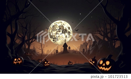ハロウィンのお化けカボチャと満月の背景　AI画像 101723513