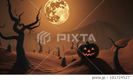ハロウィンのお化けカボチャと満月の背景　AI画像 101724527