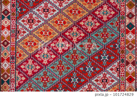 Carpet Texture, Abstract Ornament. Colorful Oriental Mosaic Carpet With Traditional Ornament. Patterned Carpet. Closeup View Of Handmade Woven Carpet Carpet Texture, Abstract Ornament. Colorful Oriental Mosaic Carpet With Traditional Ornament. Patterned Carpet. Closeup View Of Handmade Woven Carpet 101724829
