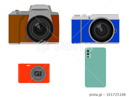 一眼レフとミラーレスとデジカメとスマートフォンのカメラのイラストセット 101725106