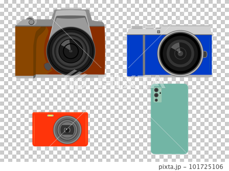 一眼レフとミラーレスとデジカメとスマートフォンのカメラのイラストセット 101725106