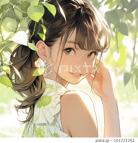 新緑の若葉に包まれた若い女性のポートレート「AI生成画像」 101725262