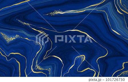 Marble Dark Blue and Gold Abstract Background. Fluid Acrulic Art Imitation. 101726730