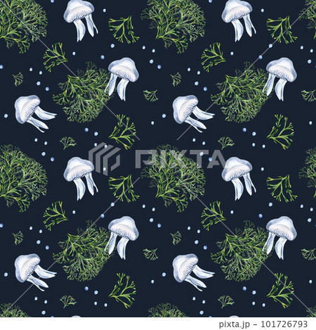 Seamless pattern of green sea plant and jellyfish watercolor illustration isolated on black background. Codium seaweed hand drawn. Design for package, paper, textile, wrapping, marine collection Seamless pattern of green sea plant and jellyfish watercolor illustration isolated on black background. Codium seaweed hand drawn. Design for package, paper, textile, wrapping, marine collection 101726793