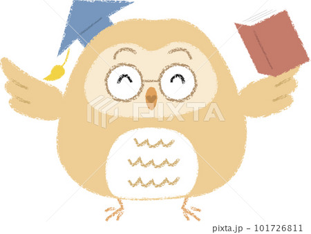 フクロウ博士ページ 喜んでいるフクロウ博士（クレヨンタッチ）のイラスト素材 [101726811