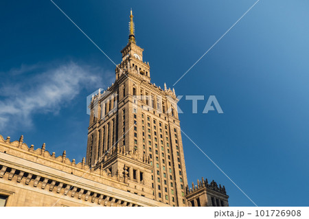 The Palace of Culture and Science Beautiful architecture of Warszawa city center with Palace of Culture at sky background. One of the main symbols of Warsaw skyline. Travel destinations 101726908