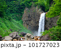 ゴツゴツした岩肌から大量の水が流れ落ちる滝 101727023