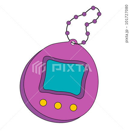 Tamagotchi toy vector illustration. Vintage digital pocket game icon and sticker. Retro purple Tamagotchi with screen display, chain and buttons. Nostalgia from era 90s. Tamagotchi toy vector illustration. Vintage digital pocket game icon and sticker. Retro purple Tamagotchi with screen display, chain and buttons. Nostalgia from era 90s. 101727080