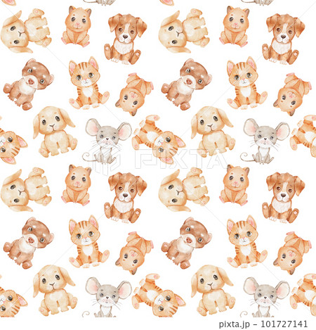 Cute cartoon cat, dog and mouse on white. Watercolor seamless pattern. Cute cartoon cat, dog and mouse on white. Watercolor seamless pattern. 101727141