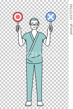 正解と不正解を示す棒を持つ中年・シニア男性入院患者 101727382