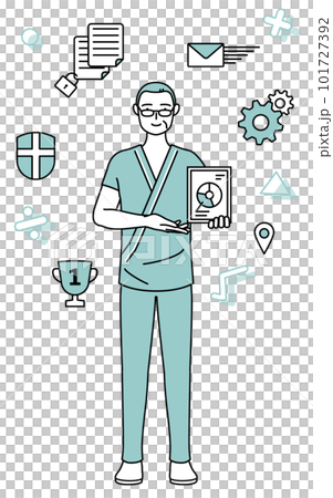 DXのイメージ、デジタル技術を利用して業務改善を行う中年・シニア男性入院患者 101727392