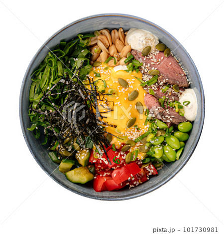 Isolated portion of poke bowl with beef pastrami 101730981