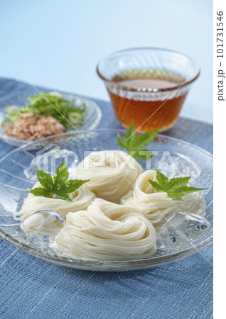ガラスの器に盛り青紅葉を添えたそうめん 101731546