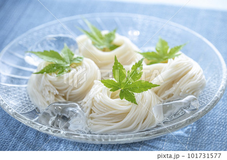 ガラスの器に盛り青紅葉を添えたそうめん ガラスの器に盛り青紅葉を添えたそうめん 101731577