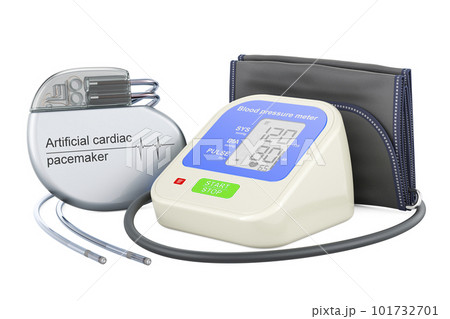 Automatic Digital Blood Pressure Monitor with artificial cardiac pacemaker. 3D rendering Automatic Digital Blood Pressure Monitor with artificial cardiac pacemaker. 3D rendering 101732701