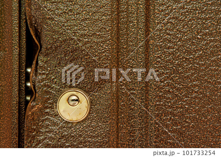 large durable lock is broken in a metal door close-up 101733254
