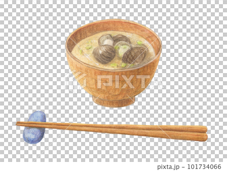 蛤蜊味噌湯配筷子 - 水彩和色鉛筆插圖 蛤蜊味噌湯配筷子 - 水彩和色鉛筆插圖 101734066