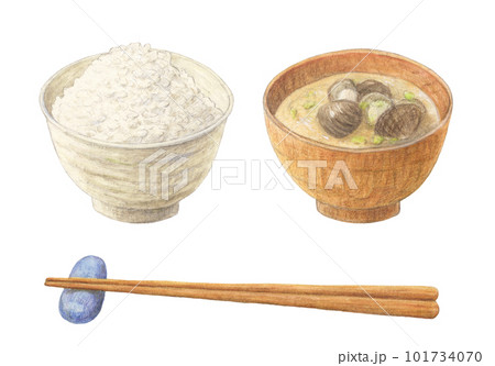 箸の添えられたご飯と味噌汁　水彩色鉛筆アナログイラスト 101734070