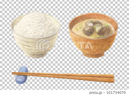 米飯和味噌湯配筷子水彩鉛筆模擬圖 101734070