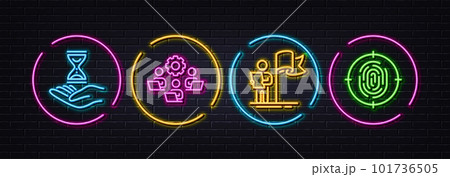 Leadership, Teamwork and Time hourglass minimal line icons. Neon laser 3d lights. Fingerprint icons. For web, application, printing. Winner flag, Remote work, Sand watch. Biometric scan. Vector Leadership, Teamwork and Time hourglass minimal line icons. Neon laser 3d lights. Fingerprint icons. For web, application, printing. Winner flag, Remote work, Sand watch. Biometric scan. Vector 101736505