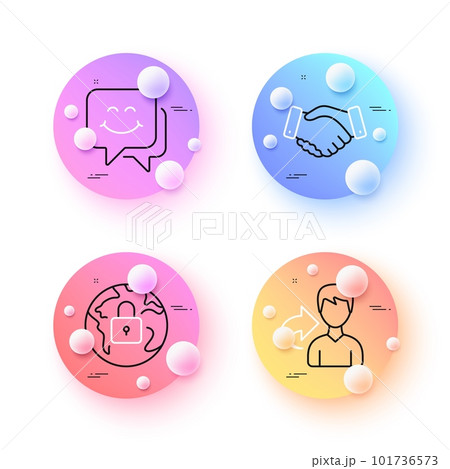 Smile face, Share and Employees handshake minimal line icons. 3d spheres or balls buttons. Lock icons. For web, application, printing. Chat, Male user, Deal hand. Web protection. Vector Smile face, Share and Employees handshake minimal line icons. 3d spheres or balls buttons. Lock icons. For web, application, printing. Chat, Male user, Deal hand. Web protection. Vector 101736573