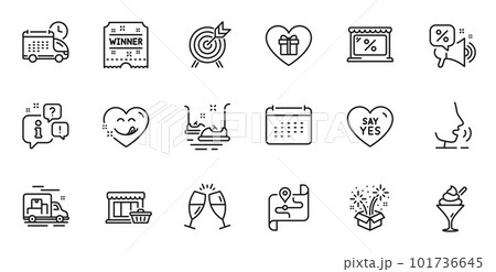 Outline set of Champagne glasses, Say yes and Archery line icons for web application. Talk, information, delivery truck outline icon. Include Yummy smile, Ice cream, Fireworks icons. Vector 101736645