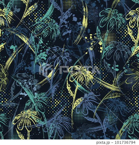 Seamless blue camouflage pattern with chamomile flower,grunge paint brush strokes, paint splatter, smudge, halftone shapes. Good for apparel, fabric, textile, sport goods. Grunge texture 101736794