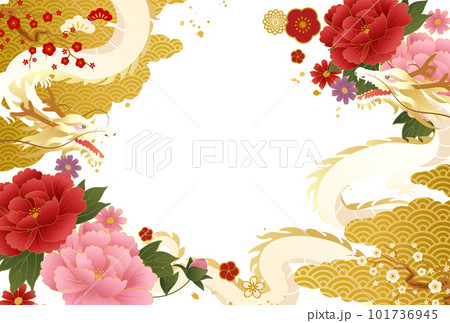 和柄の模様と花と辰(龍)の2024年の年賀状テンプレートのベクターイラスト背景 101736945