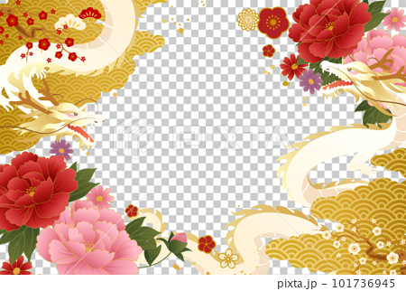 和柄の模様と花と辰(龍)の2024年の年賀状テンプレートのベクターイラスト背景 101736945