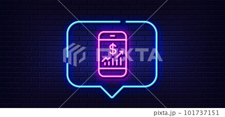 Neon light speech bubble. Mobile finance line icon. Business audit sign. Check investment symbol. Neon light background. Mobile finance glow line. Brick wall banner. Vector 101737151