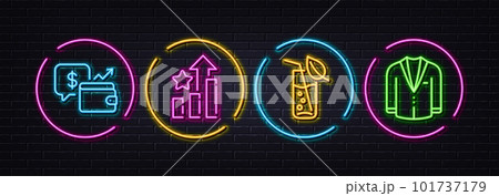 Wallet, Water glass and Ranking stars minimal line icons. Neon laser 3d lights. Suit icons. For web, application, printing. Money savings, Soda drink, Winner results. Business jacket. Vector 101737179