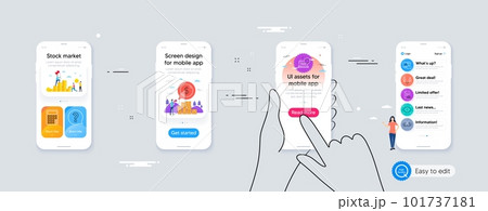 Eye detect, Equity and Dollar money minimal line icons. Phone ui interface. Presentation board, Question mark, Fake internet icons. Recruitment, Certificate diploma, Calculator web elements. Vector 101737181