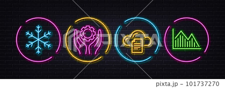 File storage, Snowflake and Employee hand minimal line icons. Neon laser 3d lights. Investment graph icons. For web, application, printing. Cloud computing, Snow, Work gear. Vector 101737270