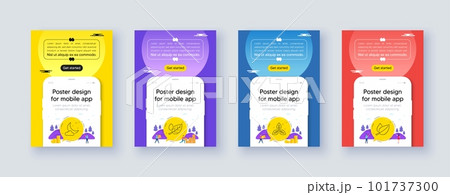 Simple set of Fair trade, Leaf dew and Night weather line icons. Poster offer design with phone interface mockup. Include Mint leaves icons. For web, application. Leaf, Water drop, Sleep. Vector 101737300