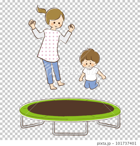 Mother and son playing on one trampoline Mother and son playing on one trampoline 101737401
