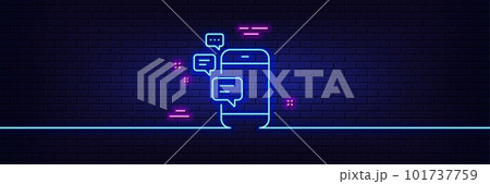 Neon light glow effect. Communication line icon. Smartphone chat symbol. Business messages sign. 3d line neon glow icon. Brick wall banner. Communication outline. Vector Neon light glow effect. Communication line icon. Smartphone chat symbol. Business messages sign. 3d line neon glow icon. Brick wall banner. Communication outline. Vector 101737759