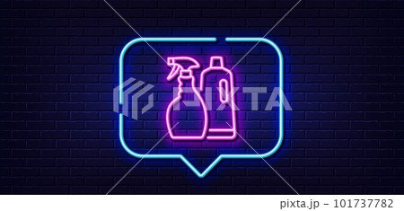 Neon light speech bubble. Cleaning spray and Shampoo line icon. Washing liquid or Cleanser symbol. Housekeeping equipment sign. Neon light background. Shampoo and Spray glow line. Vector Neon light speech bubble. Cleaning spray and Shampoo line icon. Washing liquid or Cleanser symbol. Housekeeping equipment sign. Neon light background. Shampoo and Spray glow line. Vector 101737782
