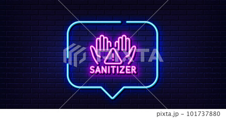 Neon light speech bubble. Clean hands line icon. Sanitary cleaning sign. Washing hands symbol. Neon light background. Clean hands glow line. Brick wall banner. Vector 101737880