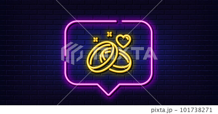 Neon light speech bubble. Marriage rings line icon. Romantic engagement or wedding sign. Couple relationships symbol. Neon light background. Marriage rings glow line. Brick wall banner. Vector 101738271