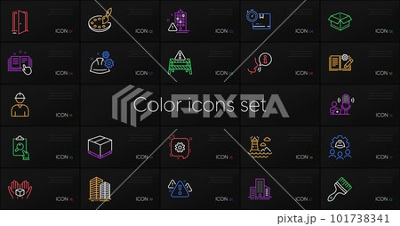 Set of Inspect, Building warning and Engineering team line icons. Include Delivery box, Open box, Lighthouse icons. Brush, Warning, Buildings web elements. Palette, Engineer. Vector 101738341