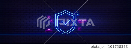 Neon light glow effect. Shield line icon. Privacy secure sign. Safe defense symbol. 3d line neon glow icon. Brick wall banner. Shield outline. Vector 101738358