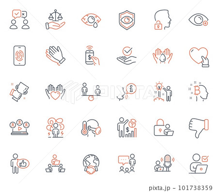 People icons set. Included icon as Ð¡onjunctivitis eye, Global business and Online voting web elements. People voting, Wash hands, Creative idea icons. Volunteer, Fingerprint. Vector 101738359