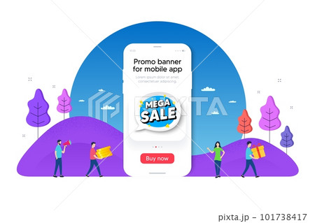 Mega sale bubble. Phone ui interface banner. Discount banner shape. Coupon sticker icon. Mobile smartphone promo banner. Mega sale tag. Man with gift box. Vector 101738417