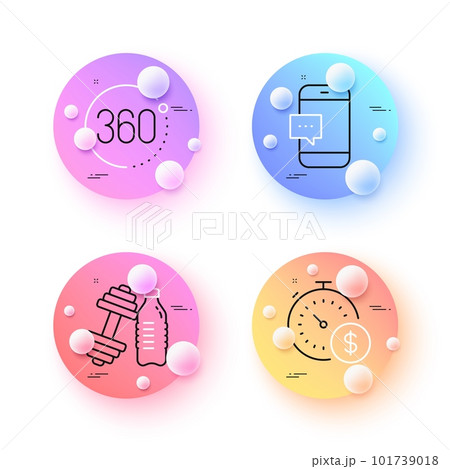 360 degrees, Smartphone message and Last minute minimal line icons. 3d spheres or balls buttons. Dumbbell icons. For web, application, printing. Full rotation, Cellphone chat, Buying timer. Vector 101739018
