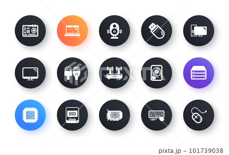 Computer device icons. Motherboard, CPU and Laptop. SSD memory classic icon set. Circle web buttons. Vector Computer device icons. Motherboard, CPU and Laptop. SSD memory classic icon set. Circle web buttons. Vector 101739038