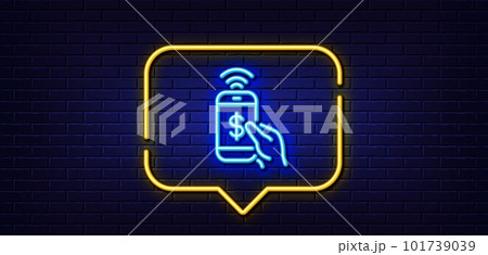 Neon light speech bubble. Phone Payment line icon. Dollar pay sign. Finance symbol. Neon light background. Phone payment glow line. Brick wall banner. Vector Neon light speech bubble. Phone Payment line icon. Dollar pay sign. Finance symbol. Neon light background. Phone payment glow line. Brick wall banner. Vector 101739039