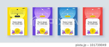 Simple set of Settings gear, Search map and Quick tips line icons. Poster offer design with phone interface mockup. Include Ice cream icons. For web, application. Vector 101739049
